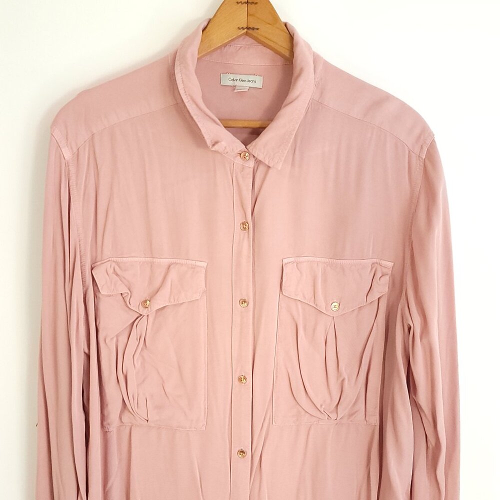 Calvin Klein Jeans Top Shirt Women's XL Pink Roll Up Sleeves Button Front